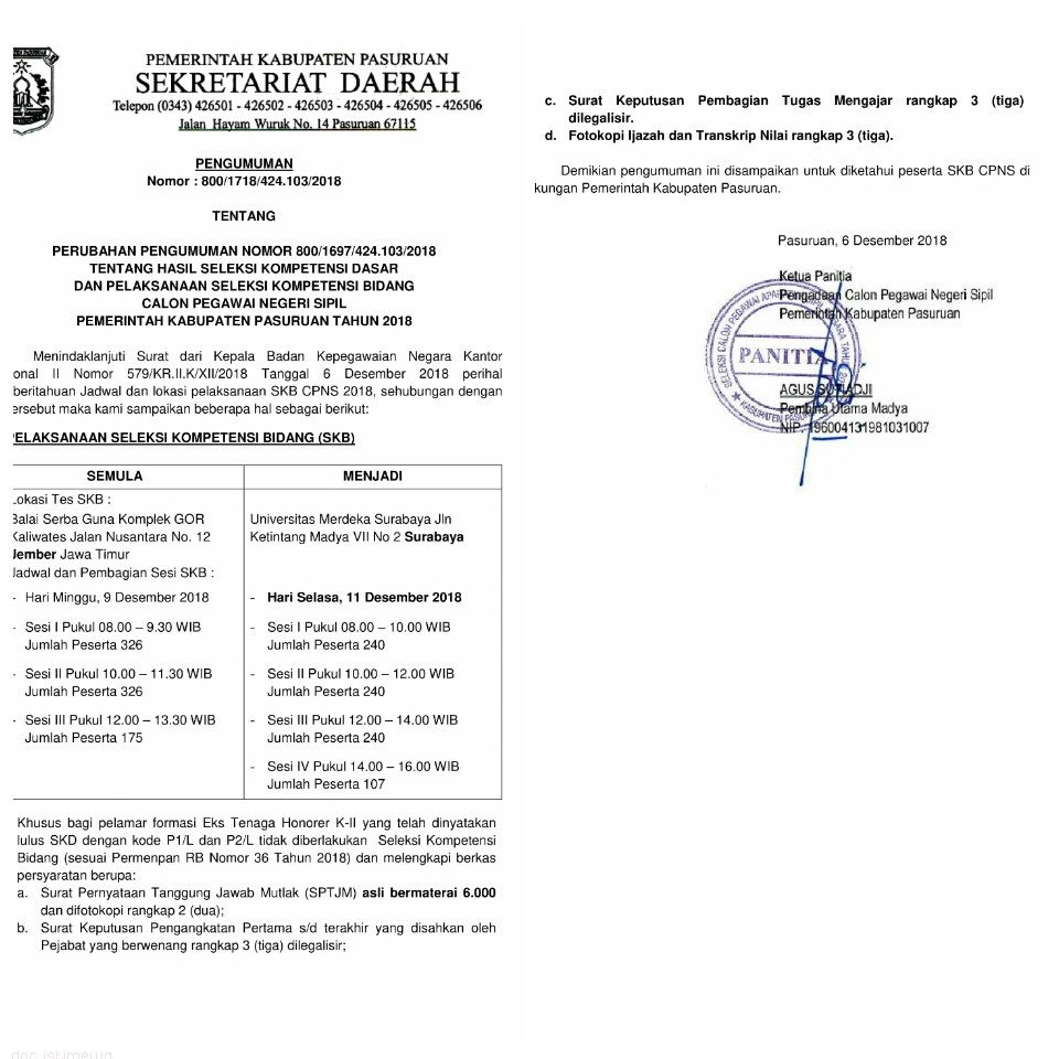 Revisi Lokasi dan Jadwal Test SKB Pemkab Pasuruan